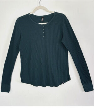 Fox Head Teal Waffle-Knit Long Sleeve Henley Shirt Size Medium Layering D83